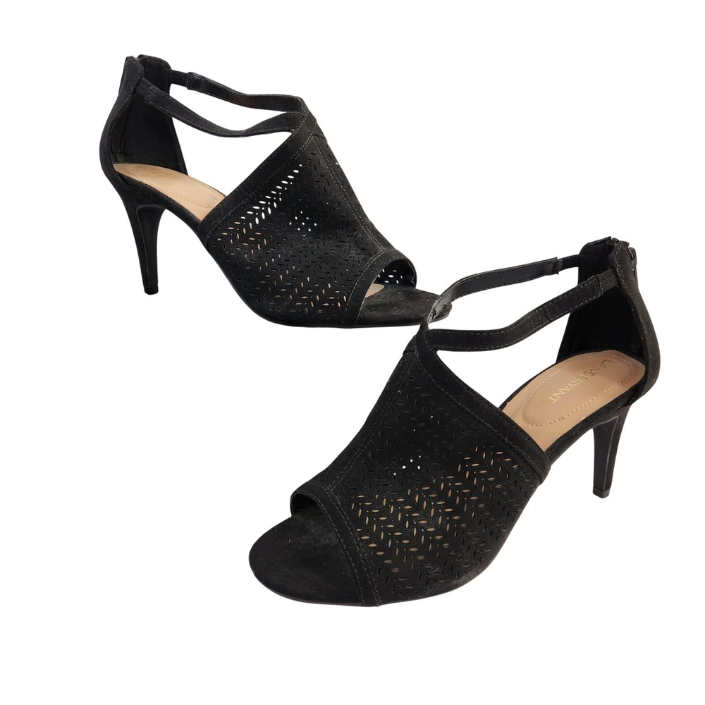 Lane Bryant Womens Black Suede Cutout Peep Toe Heels Zipper Ankle Strap Shoe 11W